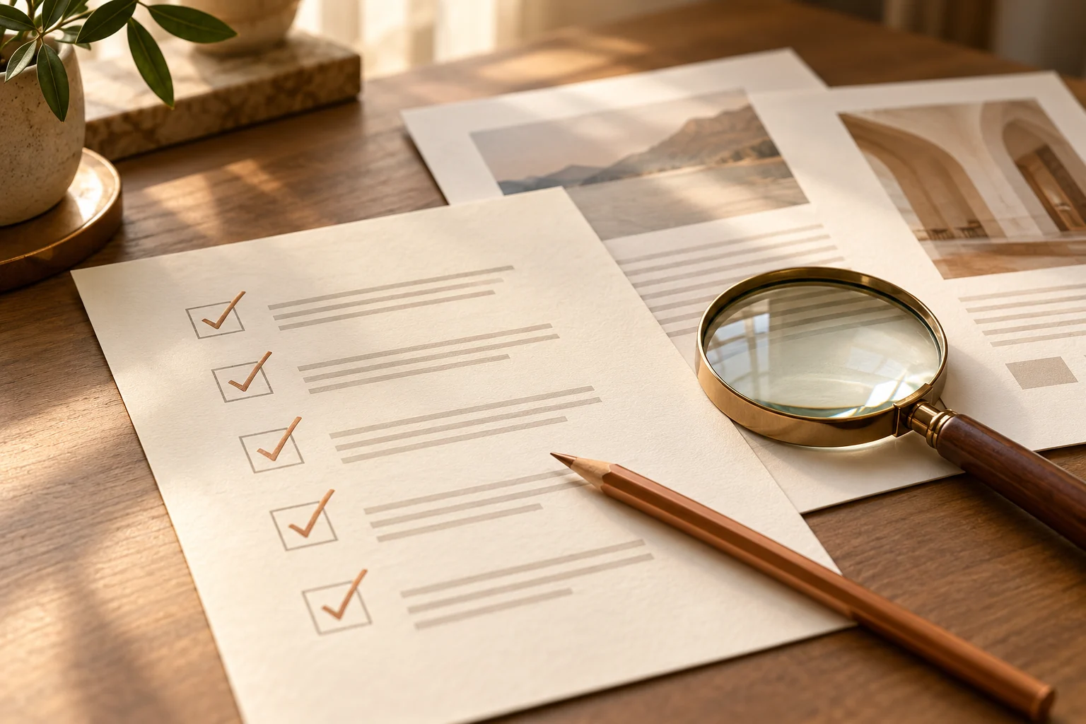 Liste de vérification, documents et loupe sur une table.
